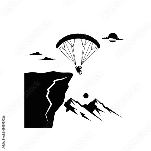Paraglider Silhouette Soaring Above Dramatic Mountains For Extreme Outdoor Adventure Sports