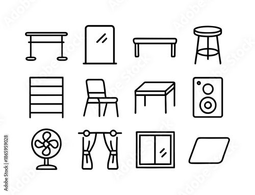 Dance Studio Icons. Dance studio furniture. Line icon set of Dance studio furniture: barre, mirror, bench, stool, shelf, chair, table, speaker, fan, curtain,