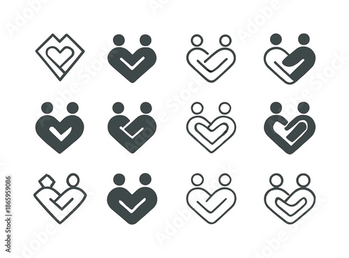 Family Support Icons. Supporting each other in family crises. Icon set. Set Logo of Supporting each other in family crises: guiding heart line. harmonious logo