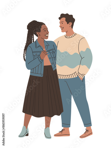 Modern digital illustration of a casually dressed couple smiling and interacting, featuring clean lines, muted tones, isolated on transparent background.