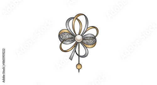 Elegant Gold and Silver Ribbon Jewelry with Central Pearl and Sparkling Gemstones.