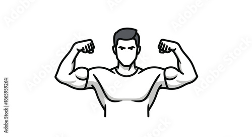 Muscular Man Flexing Biceps in White T-Shirt Strong Physique Illustration.
