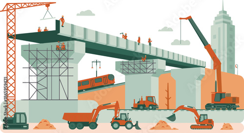 Large infrastructure construction site with elevated railway bridge, tower crane, heavy machinery, trucks, workers, urban transportation development project, modern city