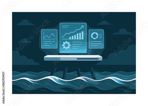 Futuristic Ocean Energy Platform. Future ocean energy. A futuristic platform floats above tidal systems, holographic data panels glowing as waves roll beneath.
