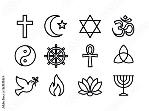 Religious Symbols Grid. Religious Symbols. Line icon set of Religious Symbols: cross, crescent, star of David, om, yin yang, dharma wheel, ankh, triquetra,
