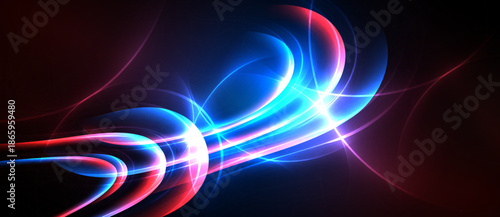 Abstract energy flows, vibrant red, blue hues. Dynamic curves create luminous patterns against dark background. Brightness, motion emphasized.