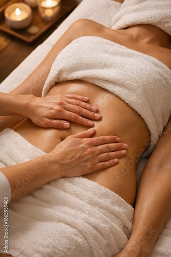 Close up of therapist hands performing manual drainage abdominal work to support lymphatic drainage, lymph system stimulation and body detox for wellness therapy recovery self care