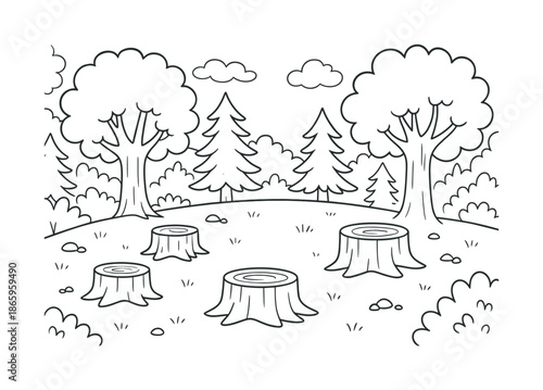 Forest Coloring Page. Clearcut area children?s coloring book illustration, outlined drawing, friendly cartoon forest with a small open clearing and tree stumps