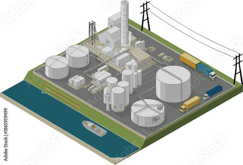 Isometric industrial plant with storage tanks, refinery buildings, trucks, pipelines, power lines, river transport, logistics infrastructure, energy production facility illustration