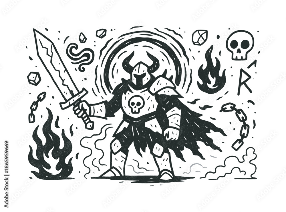 Obraz premium Void Warrior Doodle. Void warrior. Hand-drawn doodle illustration void warrior armored silhouette, cracked sword, runes, swirling void, floating stones,