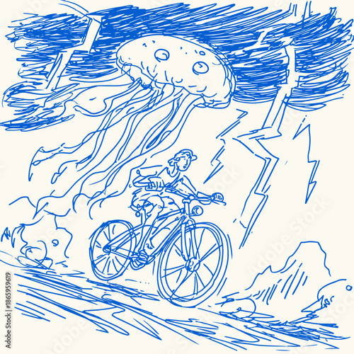 Daring Cyclist Under Jellyfish Invasion