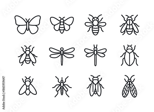 Winged Insect Icons. Insects with Wings. Line icon set of Insects with Wings: butterfly, moth, bee, wasp, hornet, dragonfly, damselfly, beetle wings, fly,