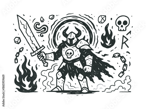 Void Warrior Doodle. Void warrior. Hand-drawn doodle illustration void warrior armored silhouette, cracked sword, runes, swirling void, floating stones,
