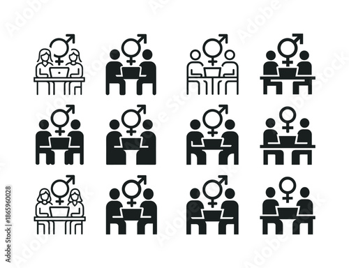 Gender Equality Icons. Gender equality. Icon set. Set Logo of Gender equality: shared workspace symbol. harmonious logo variations of the same emblematic