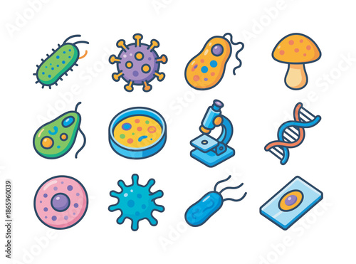 Colorful Microorganism Icons. Microorganism. Colorful isometric vector icons set of microorganism: bacteria, virus, protozoa, fungi, algae, petri dish,