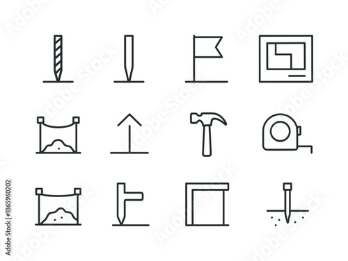 Construction Icon Set. Construction stake. Line icon set of construction stake: rebar stake, wooden form stake, marker flag, site plan icon, rope boundary,