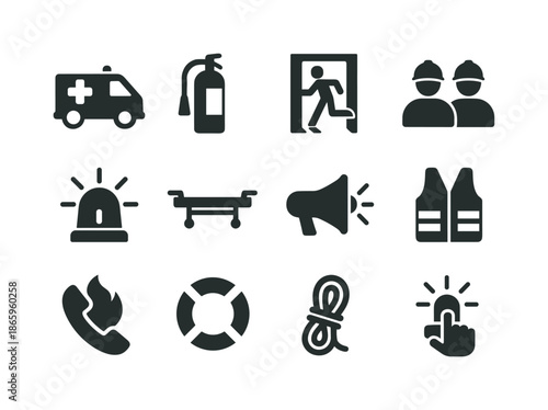 Emergency Response Icons. Emergency response. Solid icon set of emergency response: ambulance, fire extinguisher, emergency exit, rescue team, hazard light,