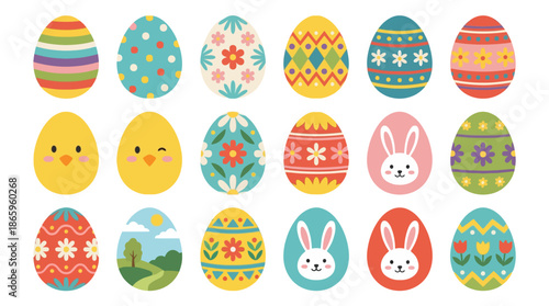 Colorful Easter eggs and bunny faces in a grid pattern.