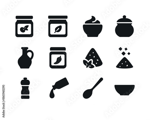 Gourmet Condiment Icons. Gourmet condiments. Solid icon set of Gourmet condiments: tapenade jar, pesto jar, aioli bowl, mustard pot, balsamic bottle, chili