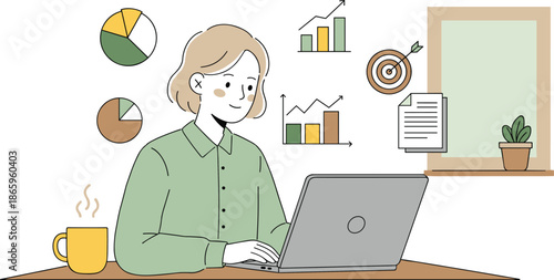 Young woman working remotely on laptop with coffee, charts, graphs, target icon, growth data, business report, freelance productivity, goal tracking, digital workplace scene