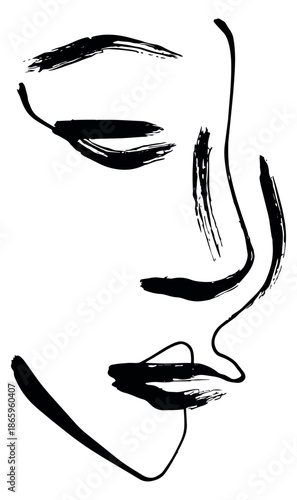 Brush stroke line art illustration of a woman's face depicting closed eyes for beauty and art