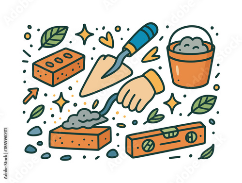 Colorful Trowel Doodle. Hand Trowel Work. Colorful Hand-drawn doodle Children illustration trowel, small brick, wet mortar, gloves, bucket, level ruler, dust
