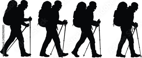 Silhouettes of hikers with backpacks walking, trekking group in motion, mountain adventure concept, hiking team vector, outdoor journey scene, active lifestyle, wilderness exploration art