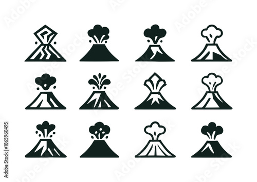 Volcano Icons Collection. Volcanic eruption. Icon set. Set Logo of Volcanic eruption: mountain silhouette. harmonious logo variations of the same emblematic