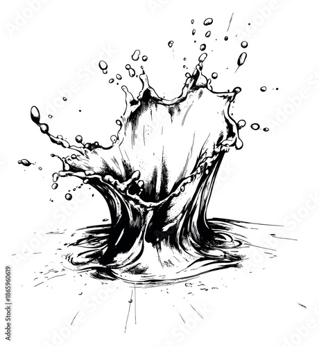 Hand drawn line art illustration of a water splash depicting dynamic liquid motion for refreshment and purity concepts