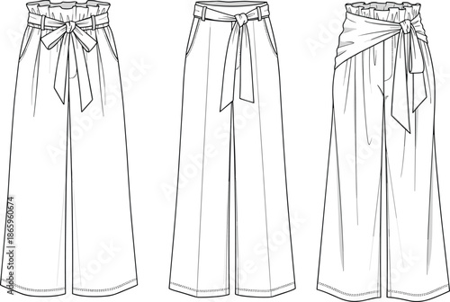 Three high waist wide leg pants with belt tie front, fashion cad template, flat vector technical drawing, digital illustration sketch