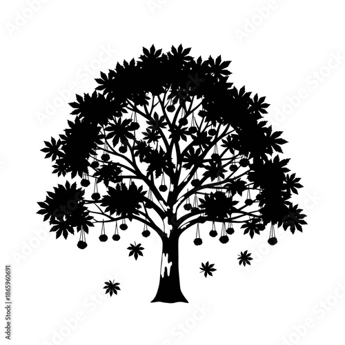 Intricate Black White Tree Silhouette With Hanging Fruits For Garden And Harvest Graphics