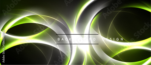 Abstract neon lines create dynamic, glowing shapes. Green, white hues blend over dark background. Modern design element.