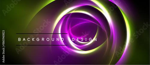 Abstract vibrant design features concentric glowing circles. Green, purple hues dominate dark background. Text reads background design.