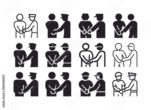 Arrest Silhouette Icon Set. Person Being Arrested in Public. Icon set. Set Logo of Person Being Arrested in Public: officer placing handcuffs on individual