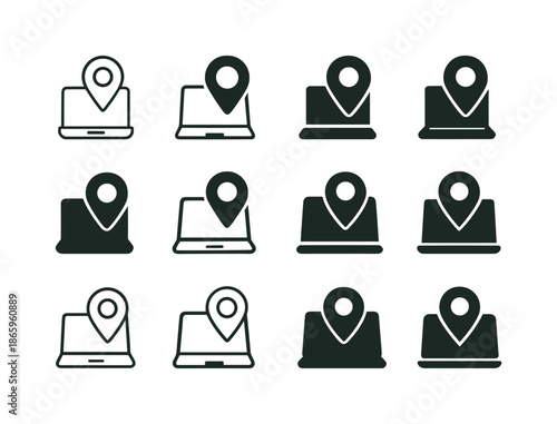 Remote Work Icons. Remote work revolution post-pandemic. Icon set. Set Logo of Remote work revolution post-pandemic: digital nomad laptop + location pin.