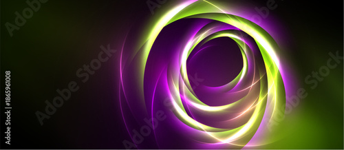 Bright swirling lights create abstract energy. Vivid purple, green hues dominate dark background. Dynamic composition, modern design.