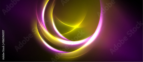 Abstract design features glowing circles, vibrant purple, yellow hues. Smooth gradients create dynamic visual effect. Dark background emphasizes luminosity.