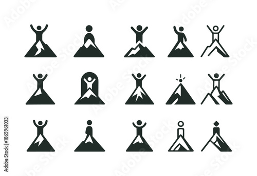 Leadership Logo Variations. Leadership. Icon set. Set Logo of Leadership: mountain summit. harmonious logo variations of the same emblematic concept, each with