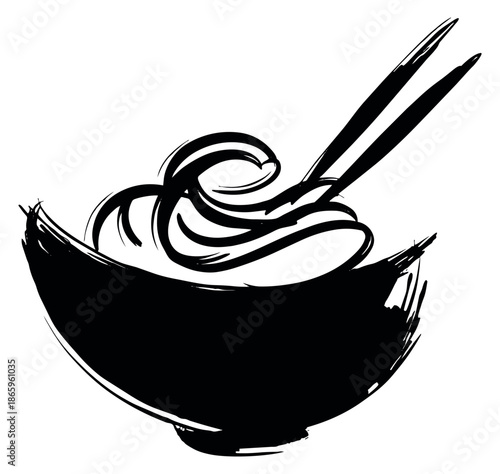 Hand drawn brush stroke illustration of a bowl of noodles with chopsticks depicting asian cuisine for food related designs