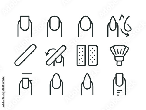 Nail Shape Icons. Nail shaping. Line icon set of Nail shaping: square nail icon, round nail icon, oval nail icon, almond nail icon, coffin nail icon, stiletto