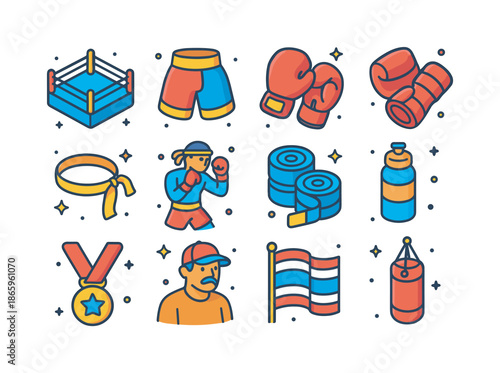 Muay Thai Icons. Muay Thai. Colorful isometric vector icons set of muay thai: boxing ring, shorts, gloves, elbow pads, headband, punching bag, fighter in