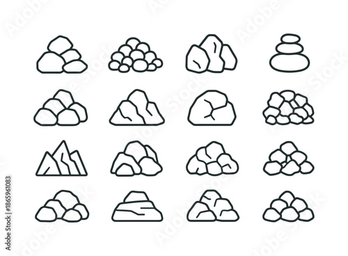 Rock Mound Icons. Rock mounds. Line icon set of Rock mounds: stone pile, pebble mound, rock cluster, stacked stones, boulder mound, rugged mound, cracked rock,