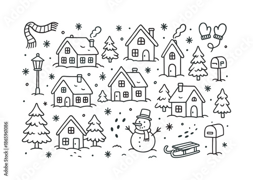 Cozy Winter Village. Winter village. Hand-drawn doodle illustration winter village small houses, snowy rooftops, chimney smoke, snowman, pine trees, lamp post,