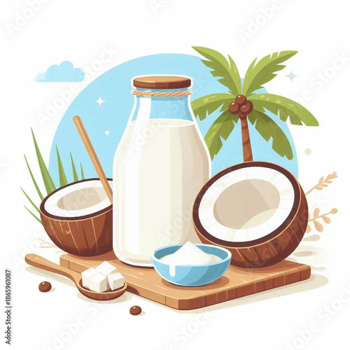 A coconut milk scene showing milk halves  sugar cubes on a wooden board under a palm tree