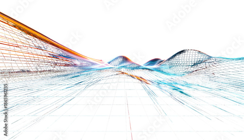 Futuristic digital landscape with grid and wavy light trails