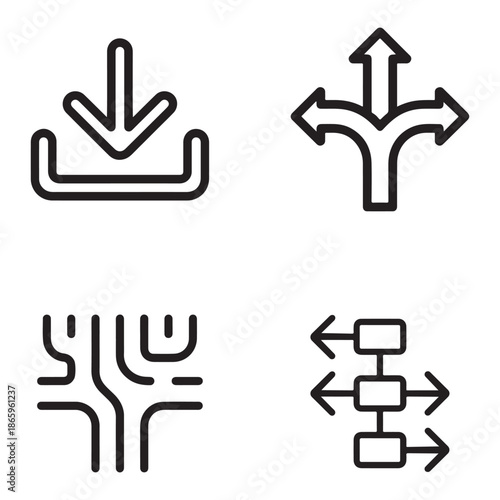 This image features a set of four distinct line art icons, each representing a different concept. The top-left icon is a classic download symbol, depicting an arrow pointing downwards into a tray