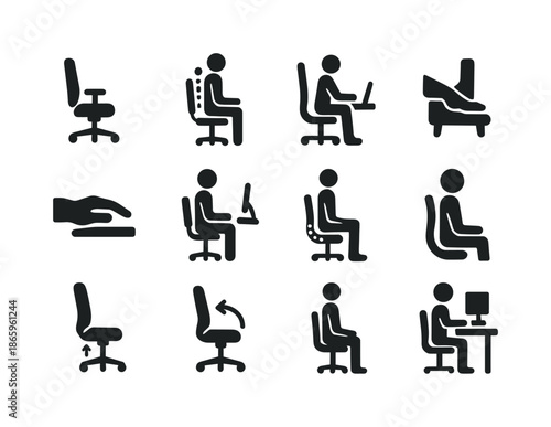 Ergonomic Sitting Icons. Correct sitting posture. Solid icon set of correct sitting posture: ergonomic chair, straight back posture, aligned elbows, foot