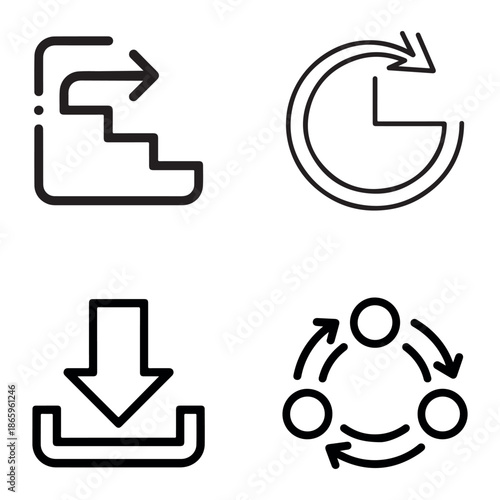 This image features a collection of four distinct black outline icons set against a clean white background. In the top left, an arrow ascends a set of stairs, indicating progress, upward movement, 