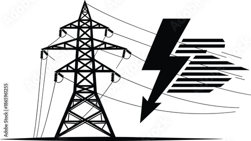 High voltage power transmission tower silhouette with lightning bolt symbol, electricity energy infrastructure concept illustration isolated on white background