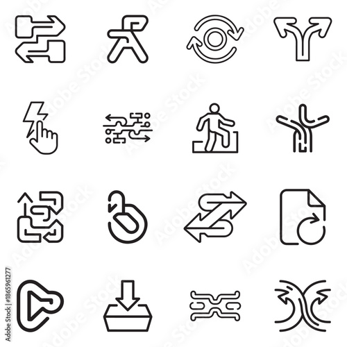 A comprehensive collection of line icons depicting various actions, directions, and interactive processes